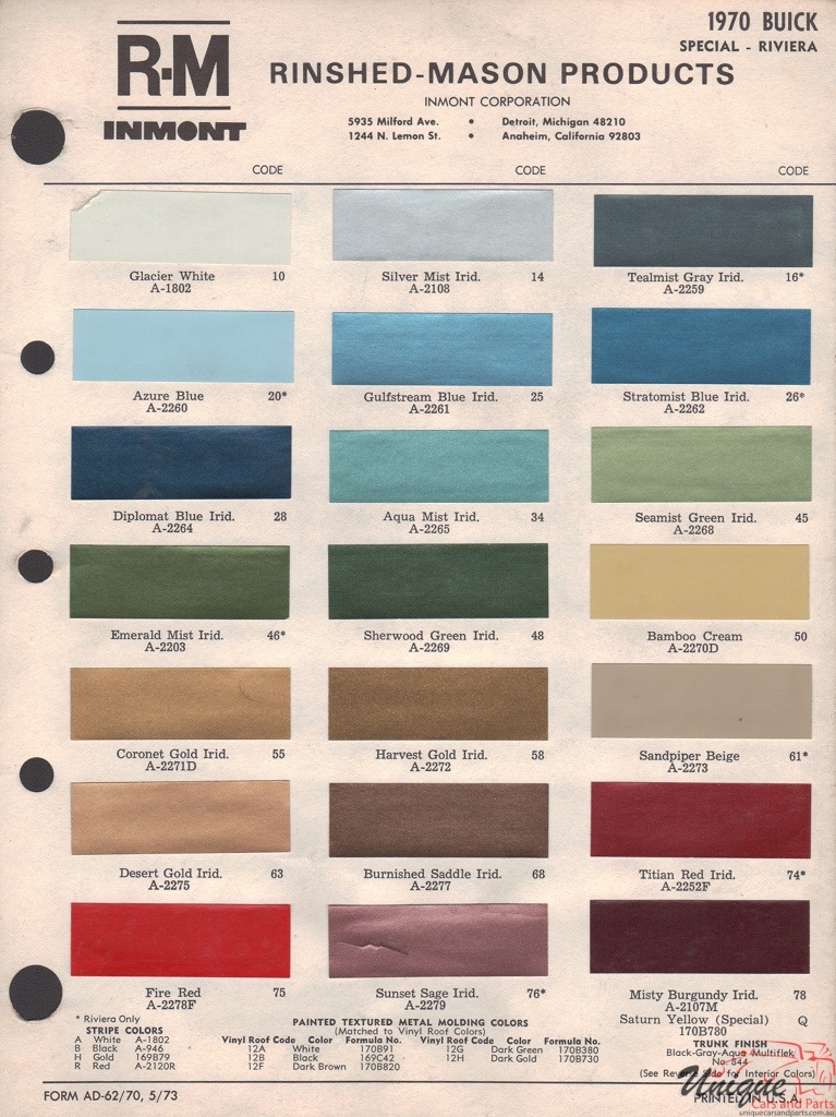 1970 Buick Paint Charts RM 1